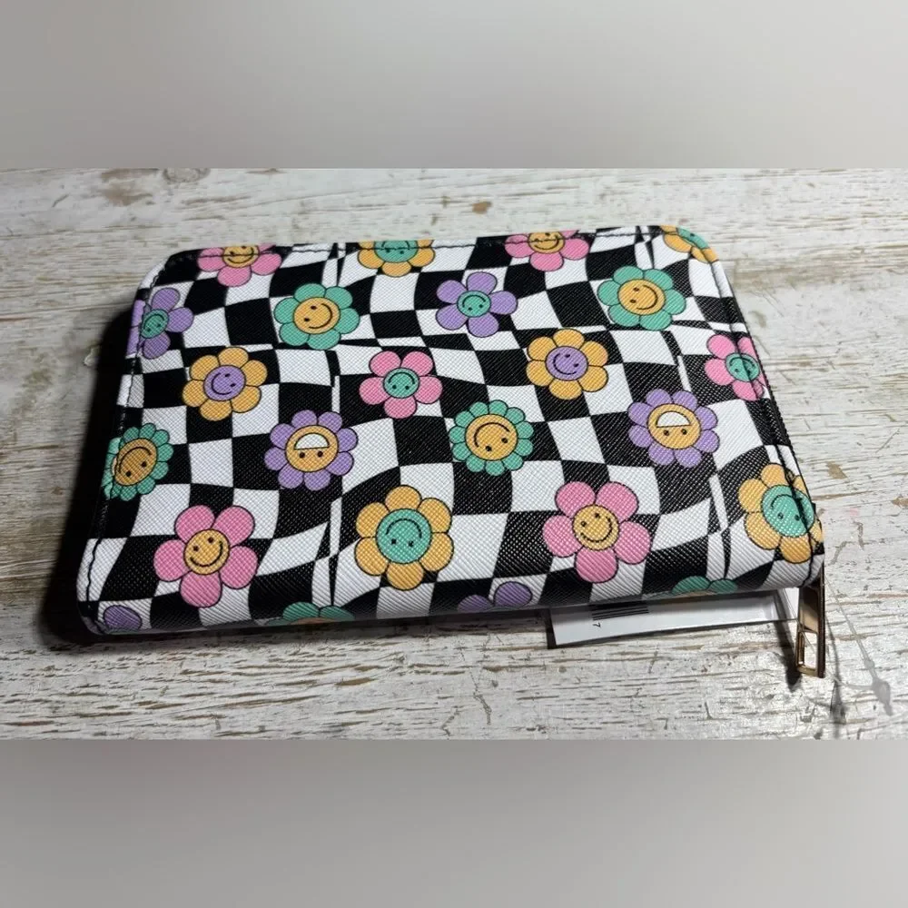 New smiley face mini wallet with a checkerboard and floral pattern NWT